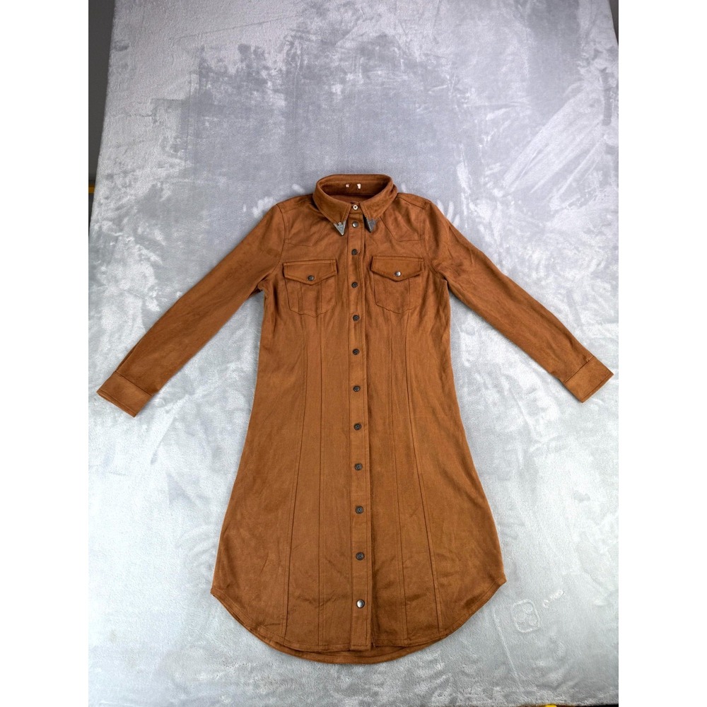 Womens Brown Shirt Dress Metal Collar Tips Button Front Curved Hem Long Sleeve